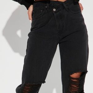 Distressed crossover straight leg jeans
